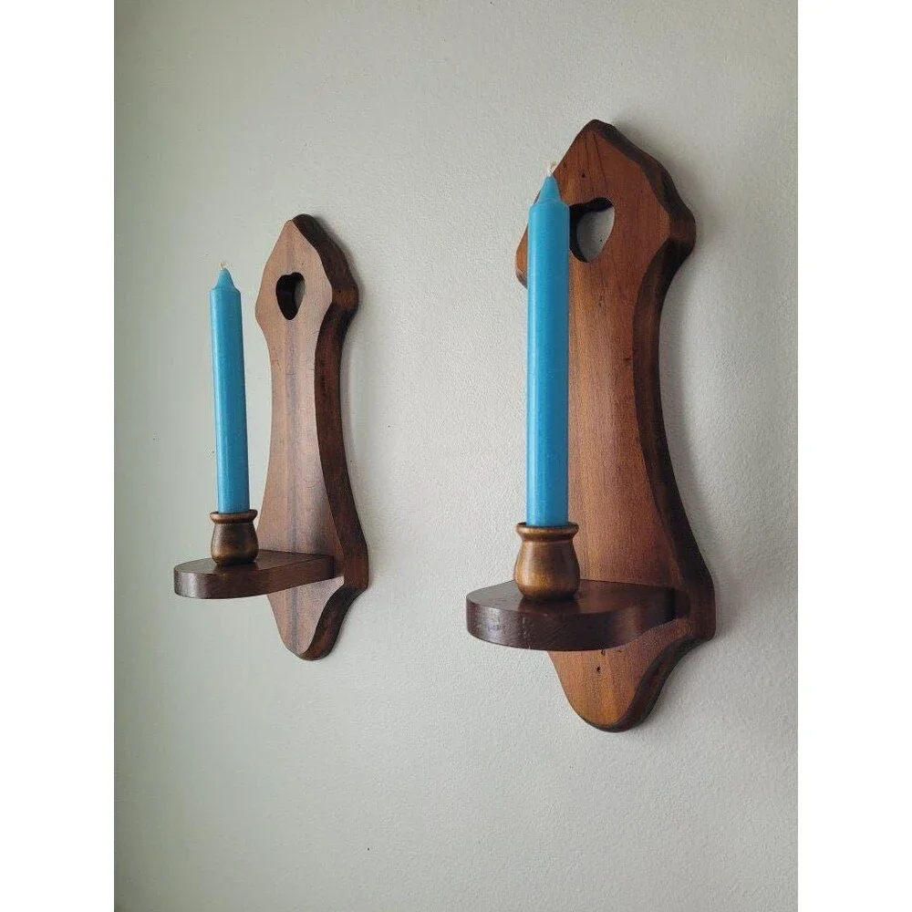 Vintage Heart Wood Wall Candle Sconce Set of 2 1980s
